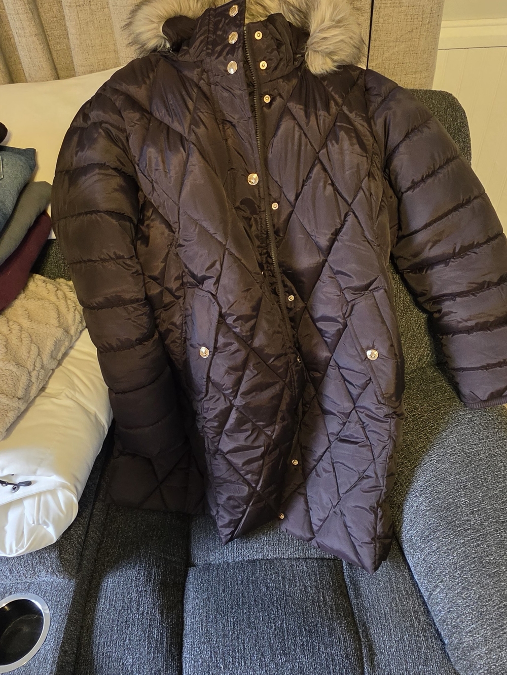 London Fog Quilted Puffer Coat with Faux Fur Trim - Brown